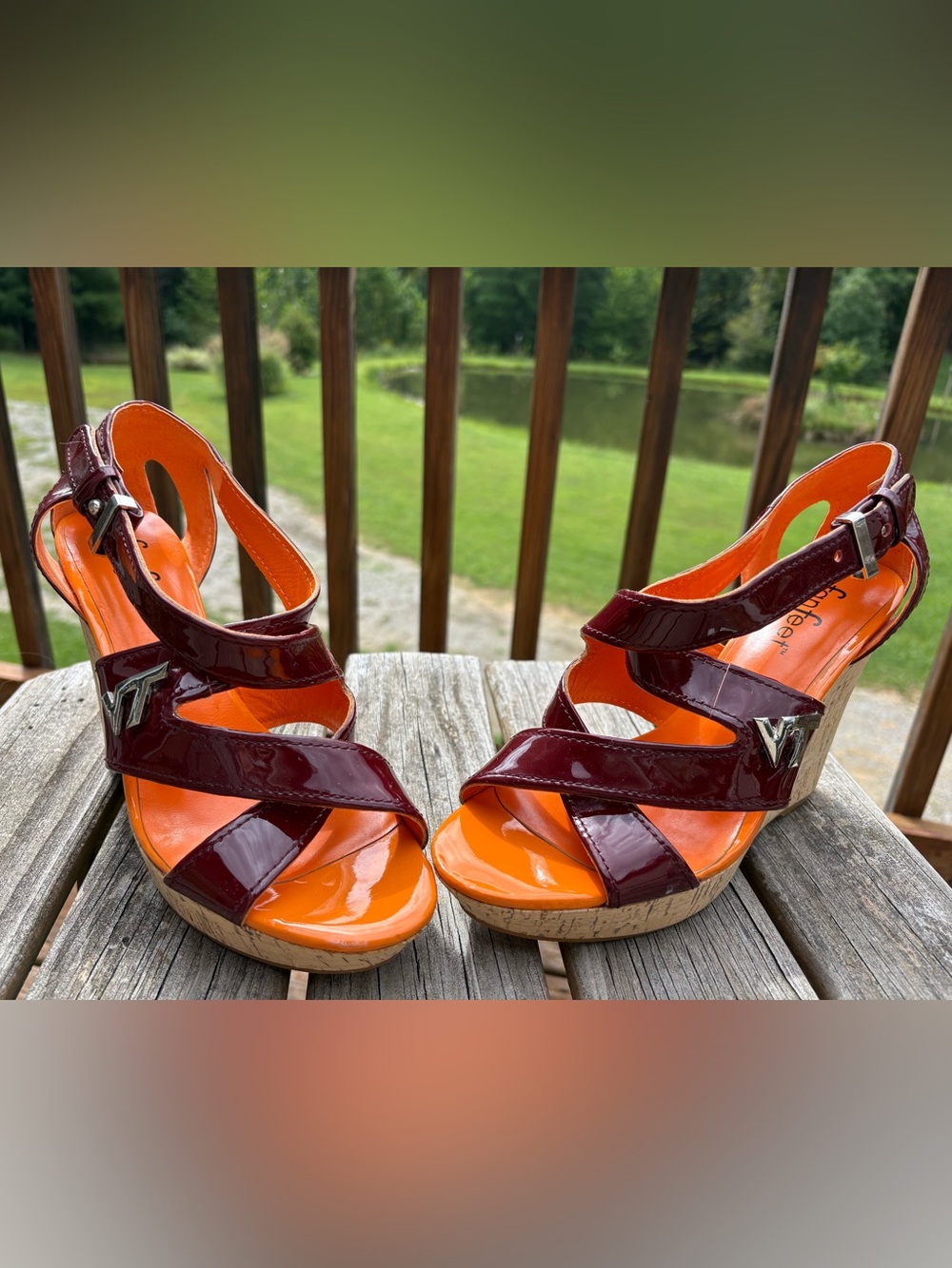 Patent Burgundy and Orange Platform Wedge Sandals